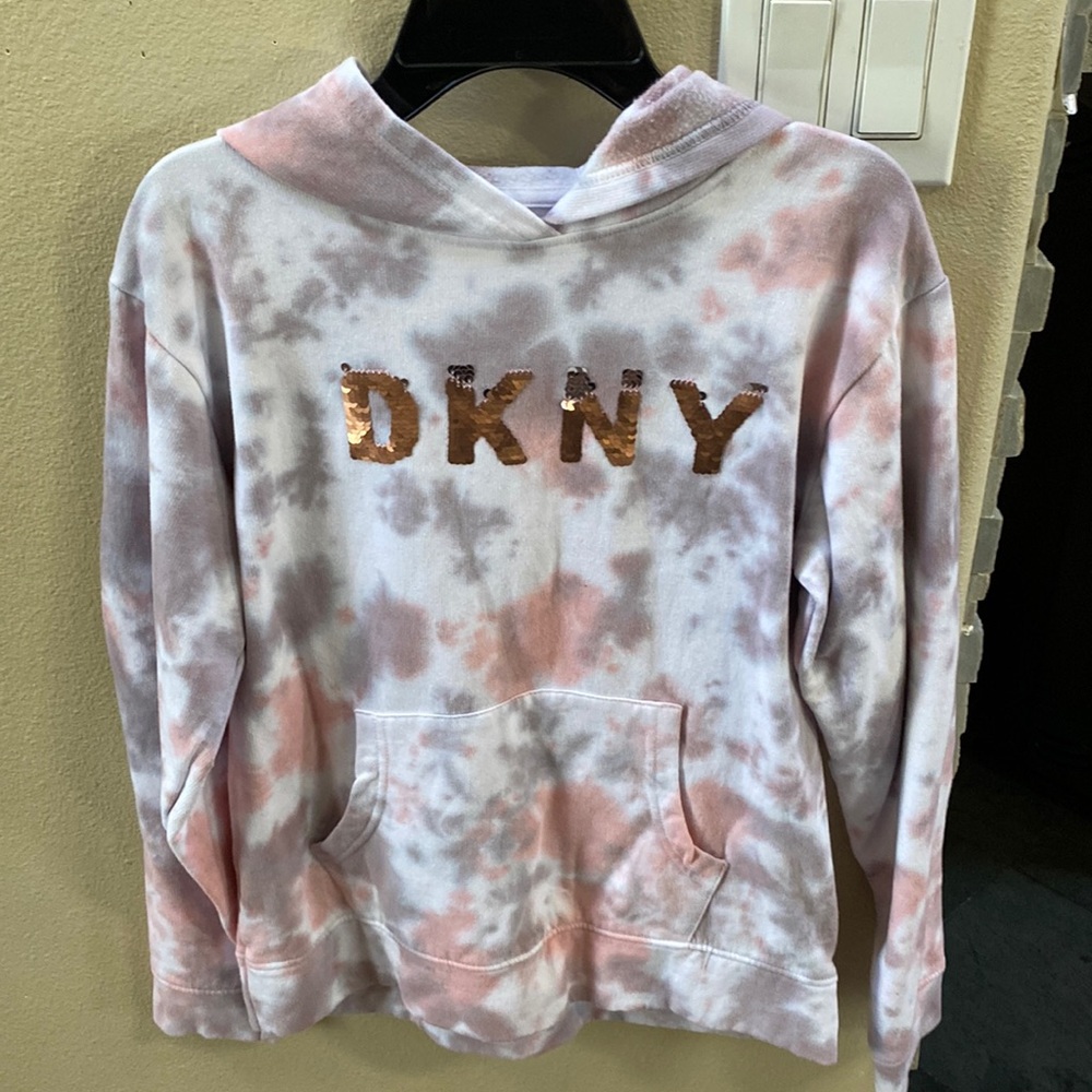 Girls, gently used, DKNY tie-dye hoodie sweatshirt. Size XL 14-16 very cute.